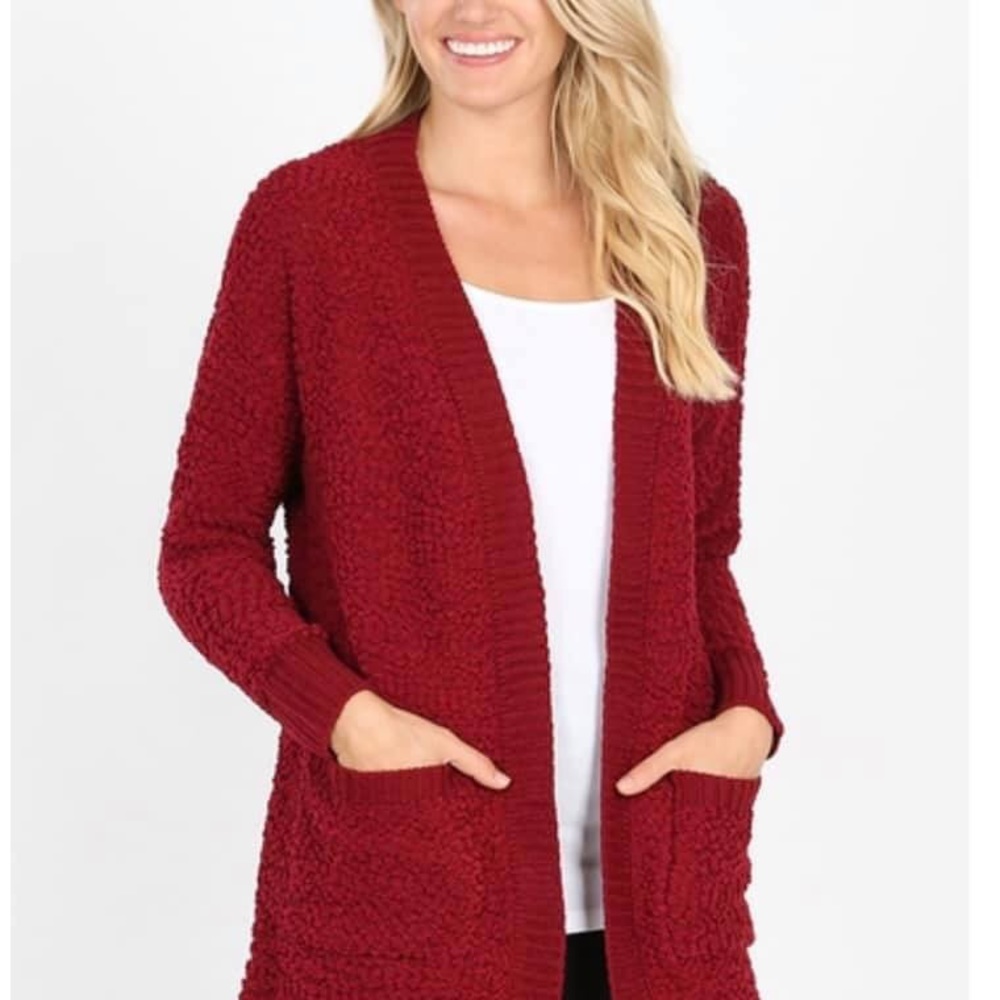 Zenana Cabernet Popcorn Sweater Cardigan - Picture 1 of 4